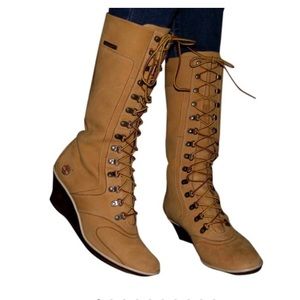 Timberland SZ 8.5 Tall Lace Up Nubuck  Wedge Tan Boots leather Women’s